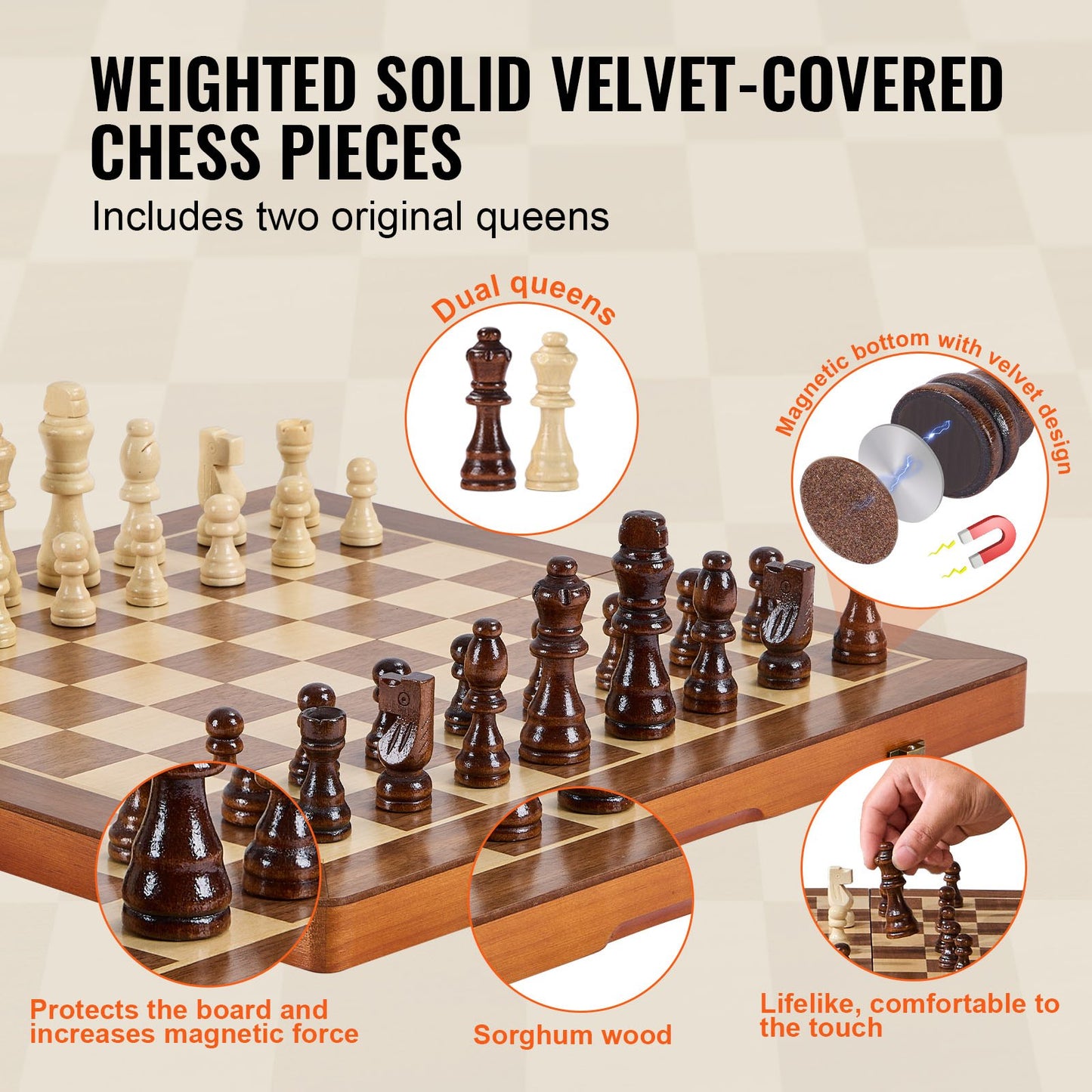 Magnetic Wooden Chess Set, 15 inch/38.1 cm 2-IN-1 Chess Checkers Game Set, Folding Chess Board Games for Adults Kids, 2 Queens Portable Travel Gift Chess Set for Tournament Professional Beginner