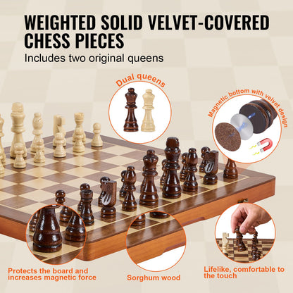 Magnetic Wooden Chess Set, 15 inch/38.1 cm 2-IN-1 Chess Checkers Game Set, Folding Chess Board Games for Adults Kids, 2 Queens Portable Travel Gift Chess Set for Tournament Professional Beginner