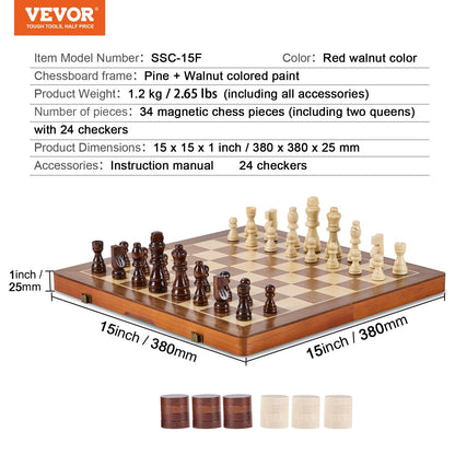 Magnetic Wooden Chess Set, 15 inch/38.1 cm 2-IN-1 Chess Checkers Game Set, Folding Chess Board Games for Adults Kids, 2 Queens Portable Travel Gift Chess Set for Tournament Professional Beginner
