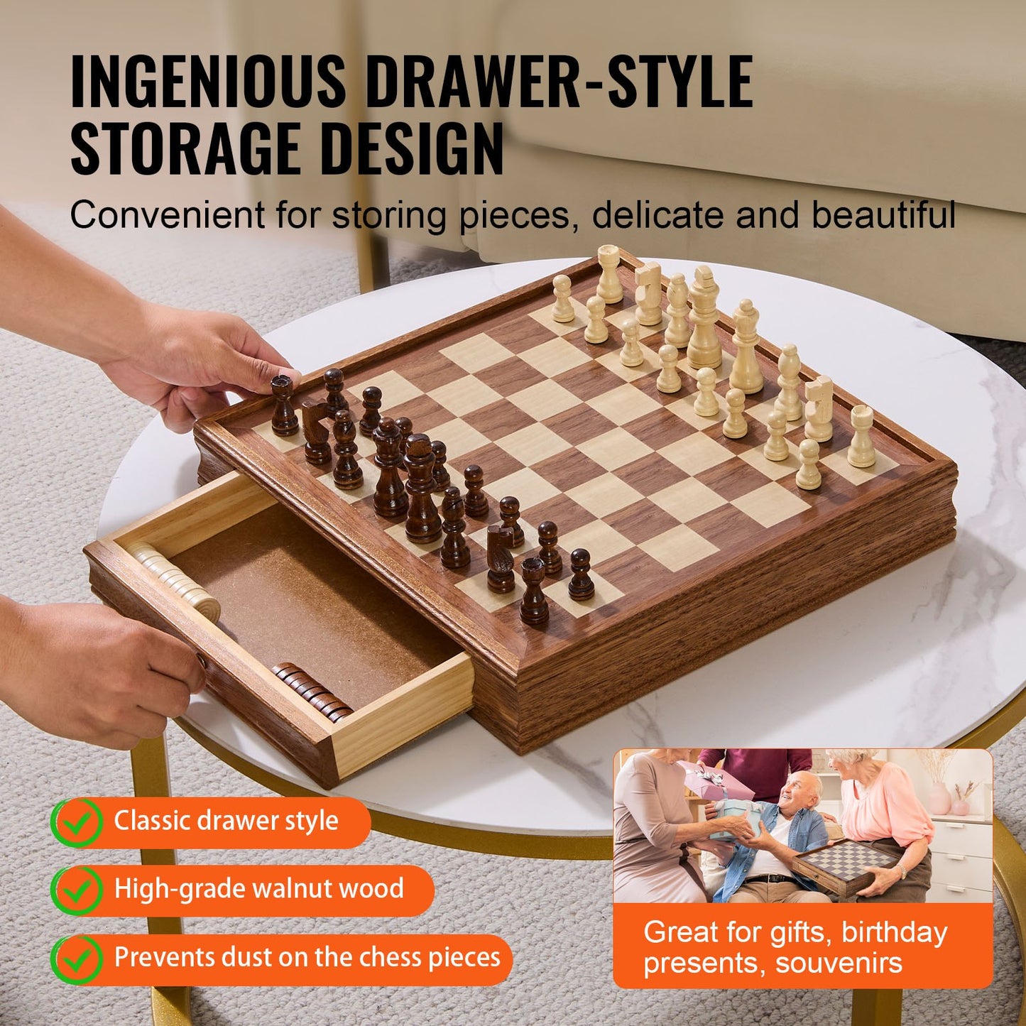 Solid Wood Chess Set, 15 inch 2-IN-1 Chess Checkers Game Set, Chess Board Games with Storage Drawer & Weighted Chess Checkers Pieces & 2 Queens, for Adults Kids Tournament Professional Beginner