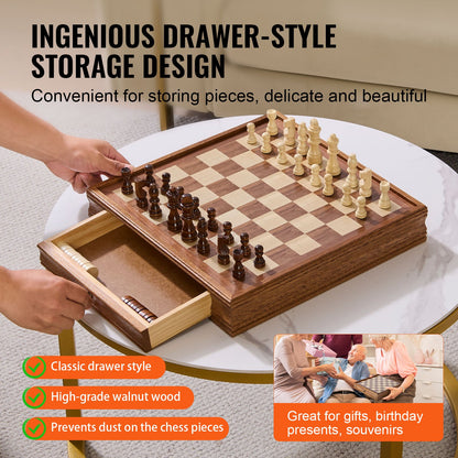 Solid Wood Chess Set, 15 inch 2-IN-1 Chess Checkers Game Set, Chess Board Games with Storage Drawer & Weighted Chess Checkers Pieces & 2 Queens, for Adults Kids Tournament Professional Beginner