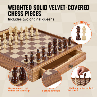 Solid Wood Chess Set, 15 inch 2-IN-1 Chess Checkers Game Set, Chess Board Games with Storage Drawer & Weighted Chess Checkers Pieces & 2 Queens, for Adults Kids Tournament Professional Beginner