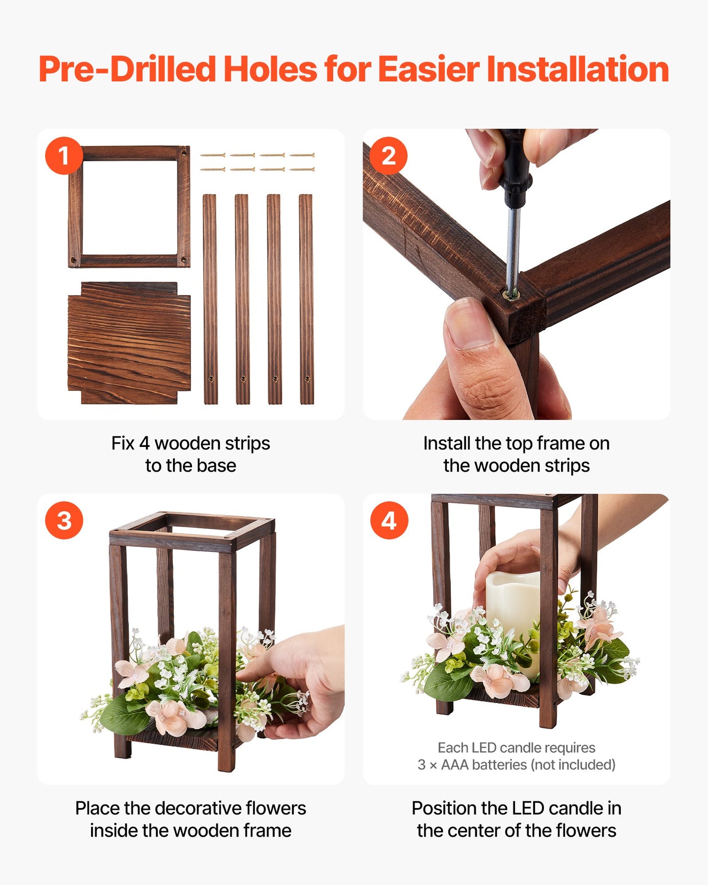 20-pack/60 st. trälyktor för bröllop, inkluderar 20 trälyktor, 20 flamlösa LED-ljus, 20 champagnefärgade blomsterkransar för bröllopsbordsfest, lantlig dekoration, brun