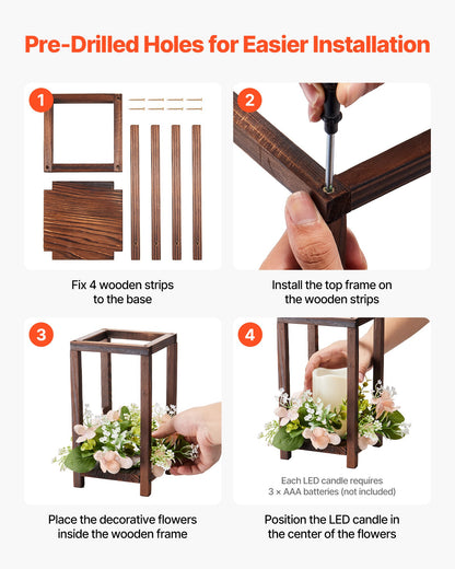 20-pack/60 st. trälyktor för bröllop, inkluderar 20 trälyktor, 20 flamlösa LED-ljus, 20 champagnefärgade blomsterkransar för bröllopsbordsfest, lantlig dekoration, brun