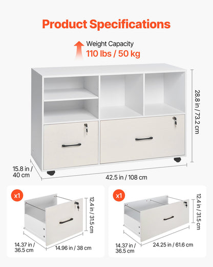 2 Drawer Wooden File Cabinet, Mobile Filing Cabinet with Open Shelves, Lockable Lateral Rolling File Storage with Adjustable Shelves, Free Standing Printer Stand for Home Office School, White