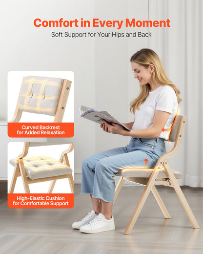 Wooden Folding Chairs with Cushion, Set of 4, Portable Foldable Cushion Chair with Wooden Frame, Modern Padded Dining Chair for Kitchen, Office, Wedding, Party, Dining Room, Easy Assembly, Beige