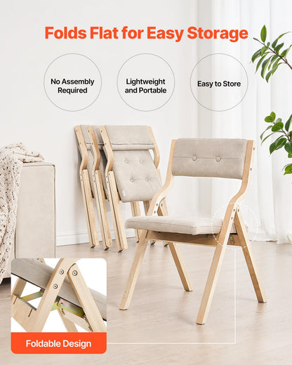 Wooden Folding Chairs with Cushion, Set of 4, Portable Foldable Cushion Chair with Wooden Frame, Modern Padded Dining Chair for Kitchen, Office, Wedding, Party, Dining Room, Easy Assembly, Beige