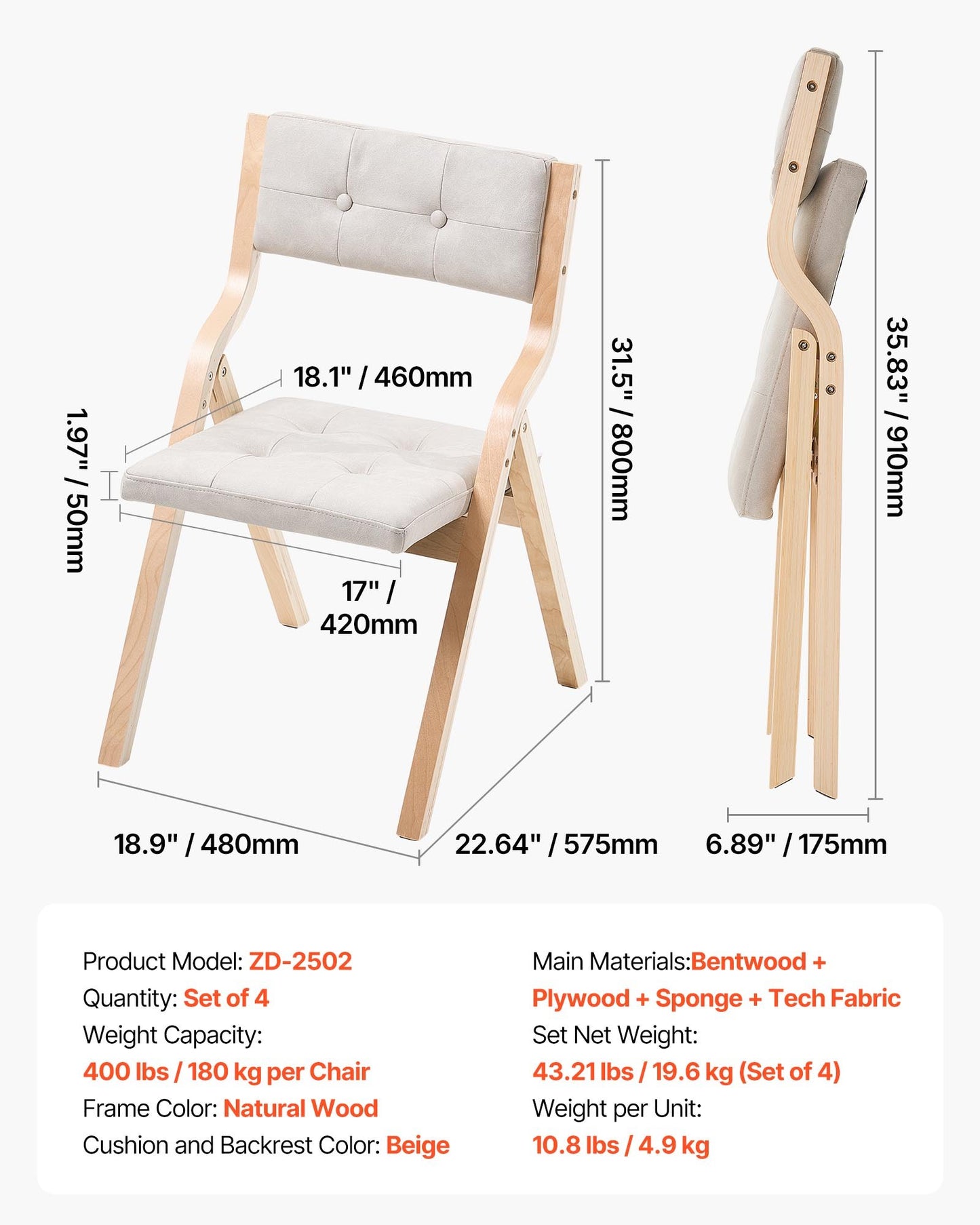Wooden Folding Chairs with Cushion, Set of 4, Portable Foldable Cushion Chair with Wooden Frame, Modern Padded Dining Chair for Kitchen, Office, Wedding, Party, Dining Room, Easy Assembly, Beige