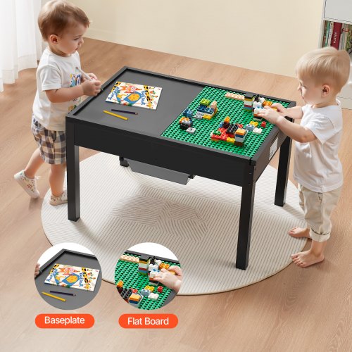 Kids Wooden Activity Table, Building Blocks Double-Sided Tabletop, Multi-Purpose Activity Play Table with 2 Storage Bins for Kids 3+ Years, Large Storage Space, Present for Boys & Girls, Black