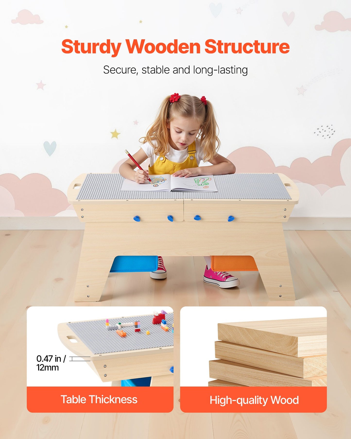 Kids Reversible Wooden Activity Table, Multi-Purpose Activity Play Table with 200 Building Bricks & 3 Storage Bins for Kids 3+ Years, Large Storage Space, Present for Boys & Girls, Natural