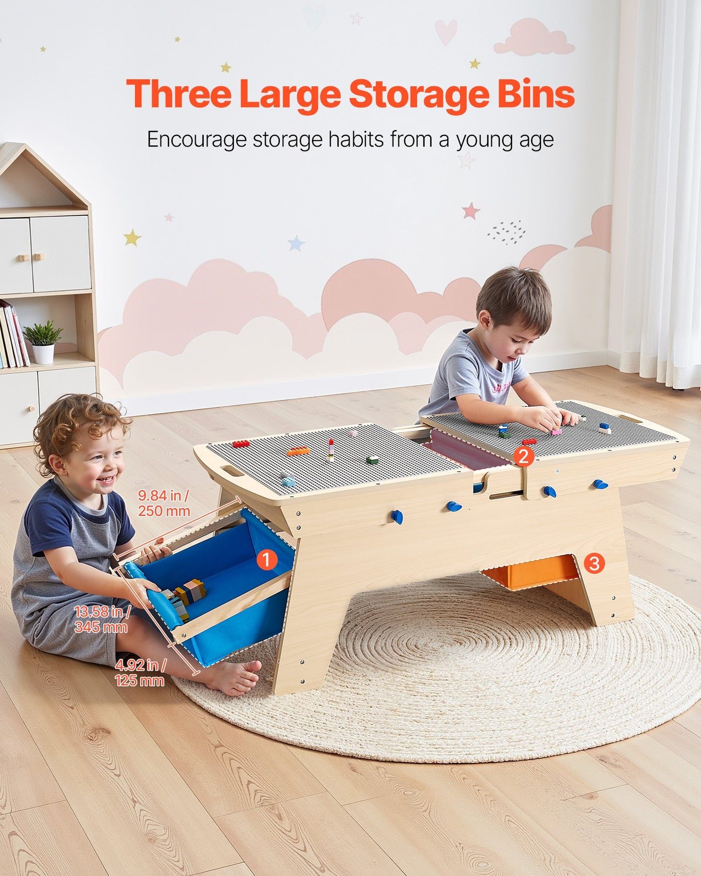 Kids Reversible Wooden Activity Table, Multi-Purpose Activity Play Table with 200 Building Bricks & 3 Storage Bins for Kids 3+ Years, Large Storage Space, Present for Boys & Girls, Natural