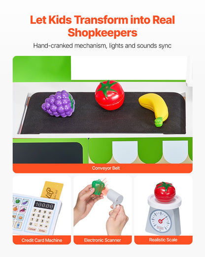 Barnens mataffärslekset, trälekmarknadsställ med shoppingkasse, låtsaslekaffär för barn med transportband, skanner, kassaregister, realistisk skala, present till pojkar och flickor