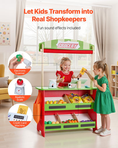 Wooden Puppet Theater with Curtains, 2-in-1 Reversible Play Store, Double-Sided Grocery Store Playset with Chalkboard & Cash Register, Kids Pretend Play Market Stand, Gift for Boys & Girls