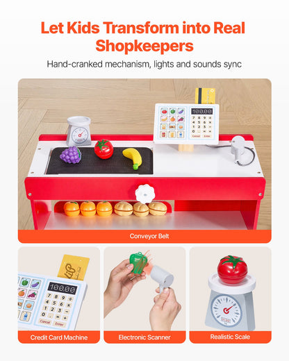 Kids Grocery Store Playset, Wooden Play Store with Shopping Bag, Kids Supermarket Pretend Play Toy Set with Conveyor Belt, Scanner, Cash Register, Realistic Scale, Gift for Boys & Girls