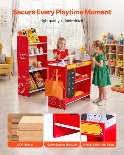 Kids Grocery Store Playset, Wooden Play Store with Shopping Bag, Kids Supermarket Pretend Play Toy Set with Conveyor Belt, Scanner, Cash Register, Realistic Scale, Gift for Boys & Girls