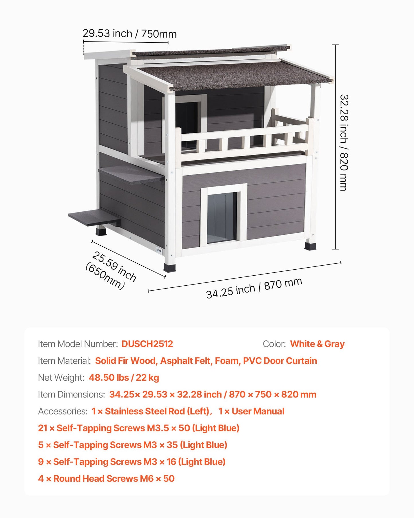Isolerat katthus, 2-vånings träkattskydd, skumisolering, kattskydd med balkong, vattentäta kattlägenheter för inomhus och utomhus 1-3 katter på vintern 84 × 75 × 82 cm
