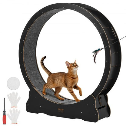 Cat Exercise Wheel, 132cm Wooden Cat Running Wheel for Indoor Kitten up to 12.7kg, Cats Treadmill with Carpeted Runway & Locking Mechanism, Quiet Cat Sport Toys for Pets Fitness & Health, Black