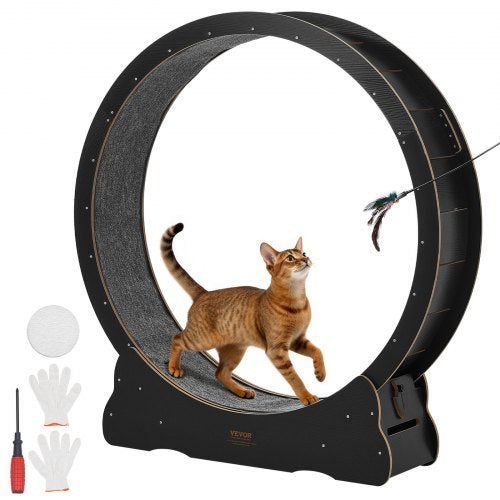 Cat Exercise Wheel, 132cm Wooden Cat Running Wheel for Indoor Kitten up to 12.7kg, Cats Treadmill with Carpeted Runway & Locking Mechanism, Quiet Cat Sport Toys for Pets Fitness & Health, Black
