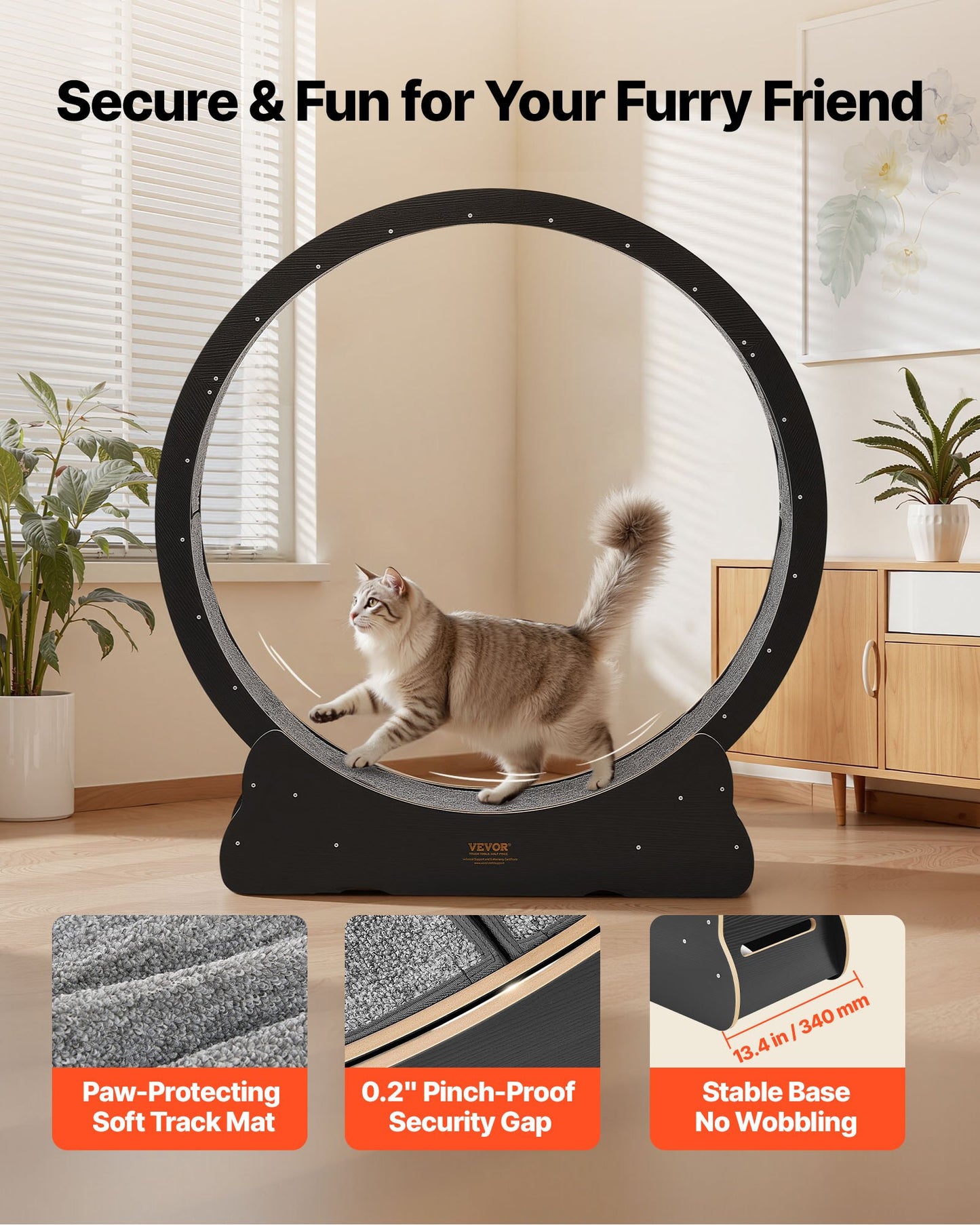 Cat Exercise Wheel, 132cm Wooden Cat Running Wheel for Indoor Kitten up to 12.7kg, Cats Treadmill with Carpeted Runway & Locking Mechanism, Quiet Cat Sport Toys for Pets Fitness & Health, Black