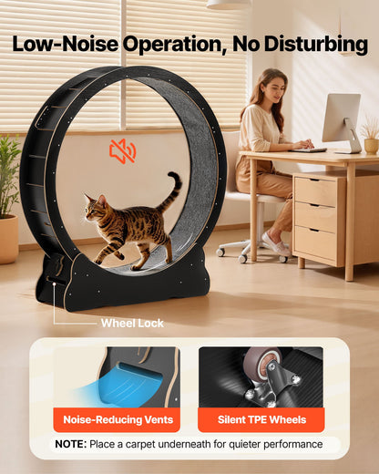 Cat Exercise Wheel, 132cm Wooden Cat Running Wheel for Indoor Kitten up to 12.7kg, Cats Treadmill with Carpeted Runway & Locking Mechanism, Quiet Cat Sport Toys for Pets Fitness & Health, Black
