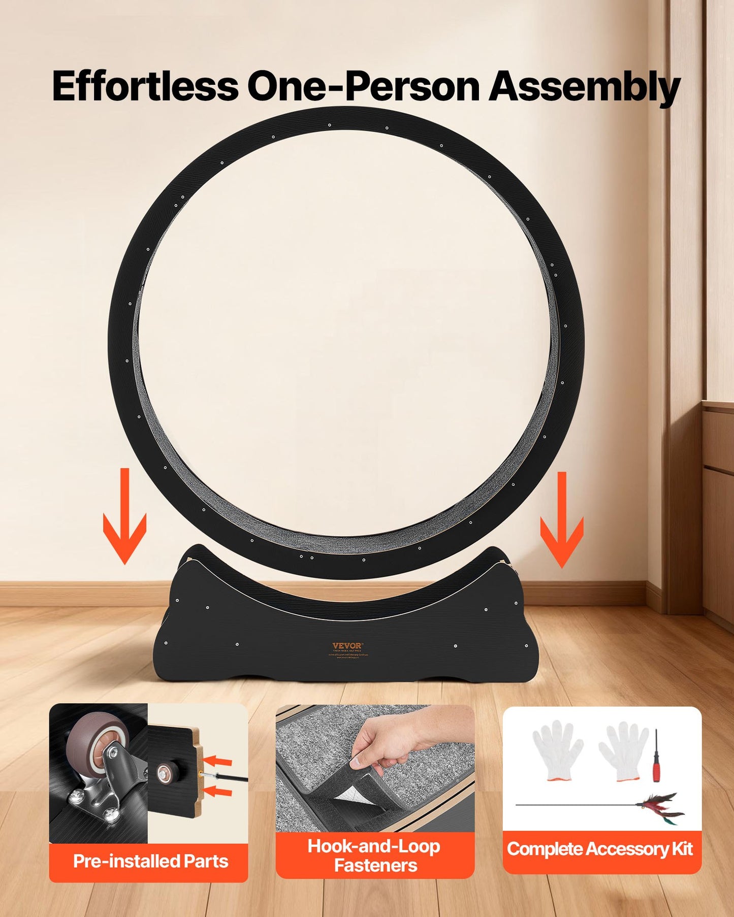 Cat Exercise Wheel, 132cm Wooden Cat Running Wheel for Indoor Kitten up to 12.7kg, Cats Treadmill with Carpeted Runway & Locking Mechanism, Quiet Cat Sport Toys for Pets Fitness & Health, Black