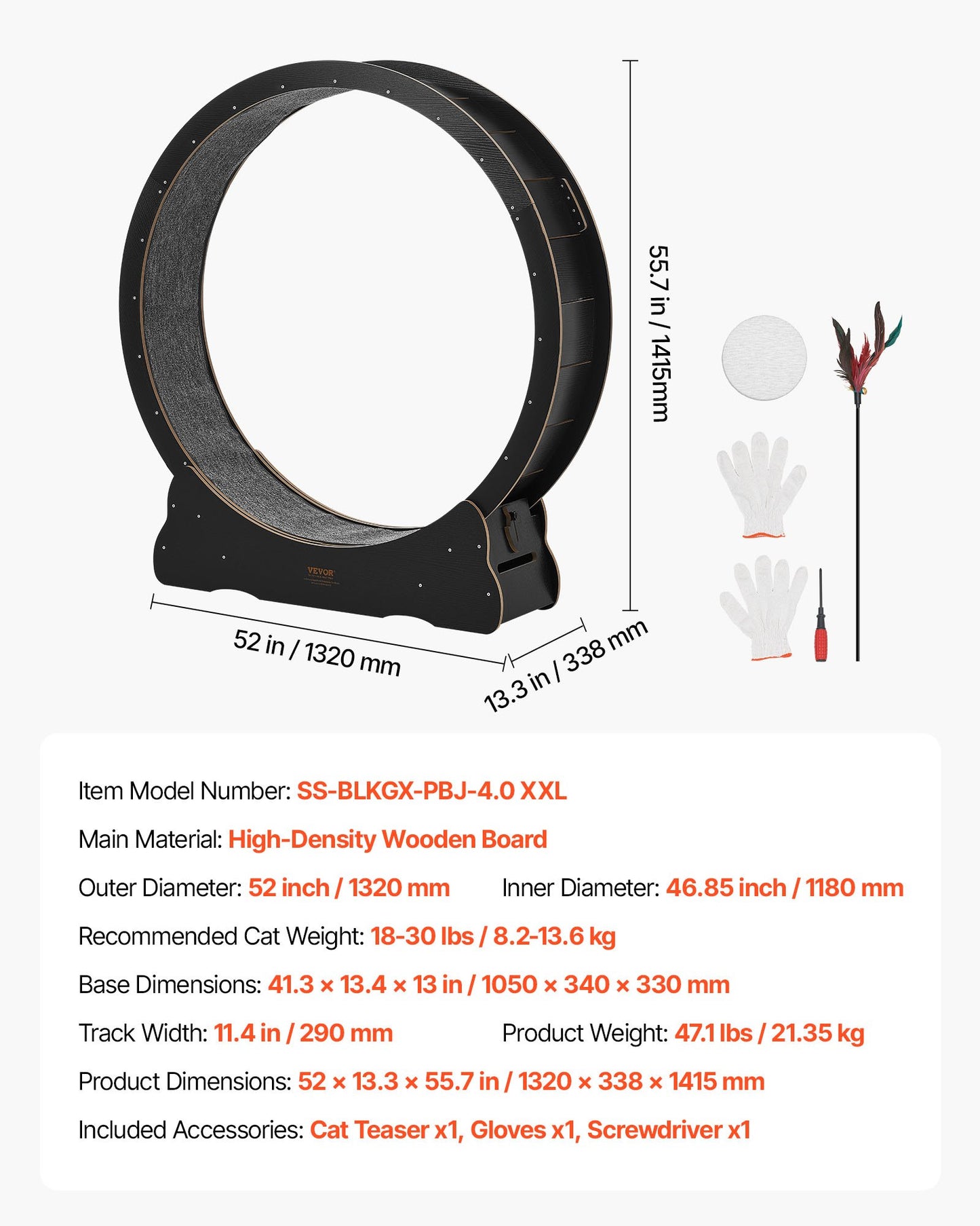 Cat Exercise Wheel, 132cm Wooden Cat Running Wheel for Indoor Kitten up to 12.7kg, Cats Treadmill with Carpeted Runway & Locking Mechanism, Quiet Cat Sport Toys for Pets Fitness & Health, Black