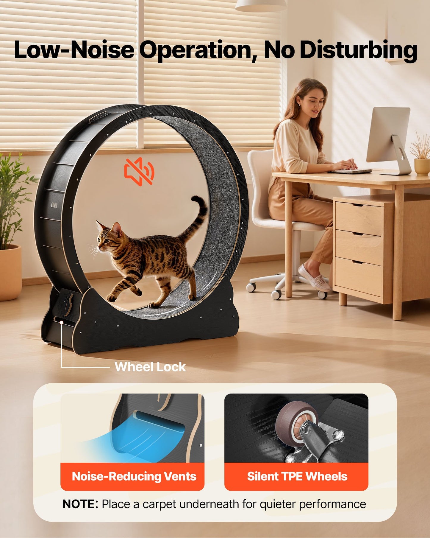 Cat Exercise Wheel, 120 cm Wooden Cat Running Wheel for Indoor Cats up to 12.7 kg, Cats Treadmill with Carpeted Runway & Locking Mechanism, Quiet Kitten Sport Toys for Pets Fitness, Black