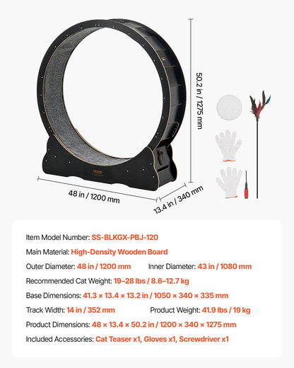 Cat Exercise Wheel, 120 cm Wooden Cat Running Wheel for Indoor Cats up to 12.7 kg, Cats Treadmill with Carpeted Runway & Locking Mechanism, Quiet Kitten Sport Toys for Pets Fitness, Black