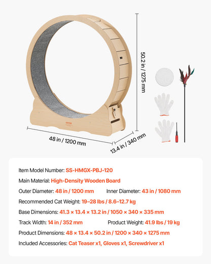 Cat Exercise Wheel, 120cm Wooden Cat Running Wheel for Indoor Cats up to 12.7kg Cats Treadmill with Carpeted Runway & Locking Mechanism, Quiet Roller Kitten Sport Toys for Pets Fitness & Health