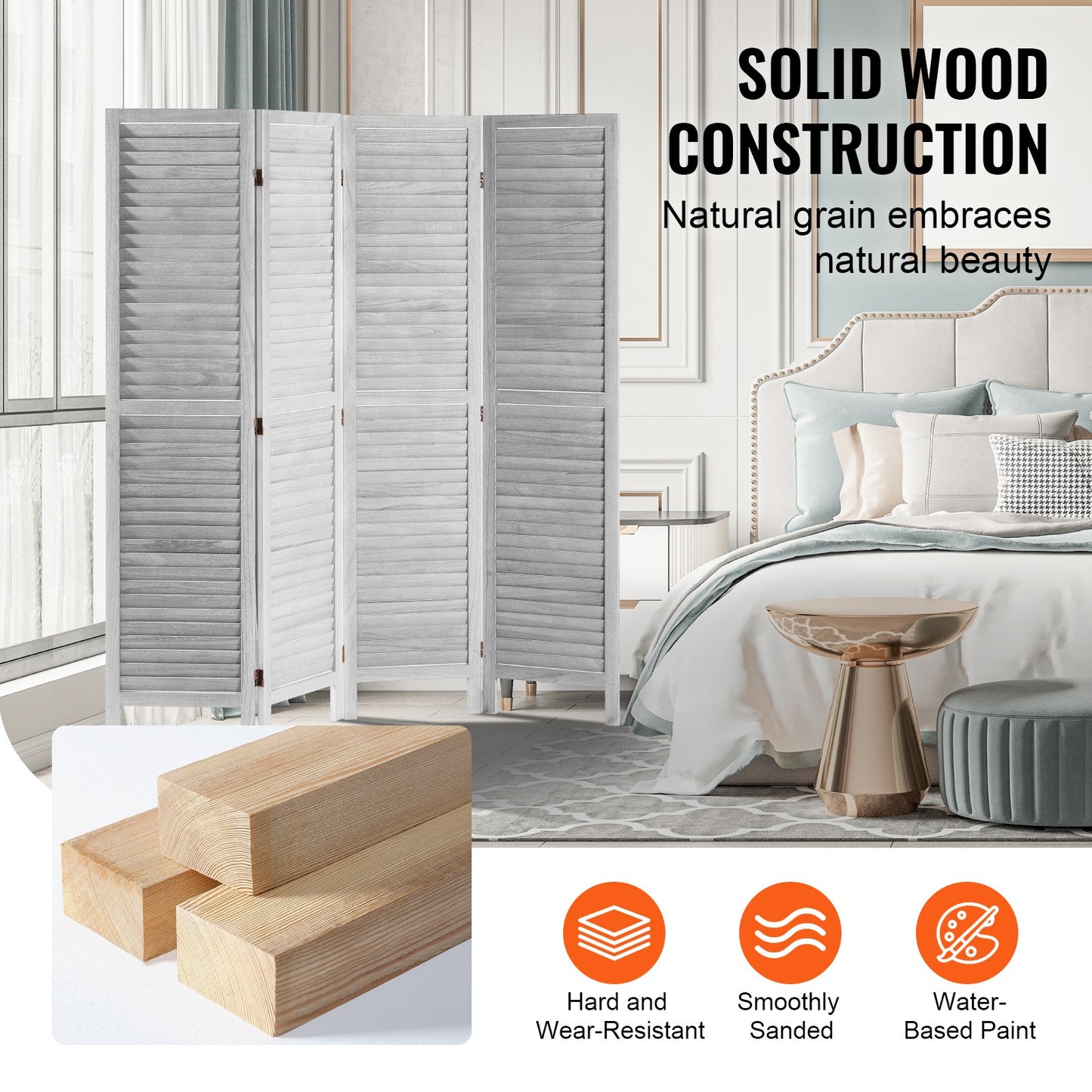 Rumsavdelare i trä, hopfällbar skärm med 4 paneler, 66,9 tum hög inomhuspartition i trä, bärbar dekorationsskärm, för rumsavskiljning, hem, kontor, restaurang och sovrum (ljusgrå)