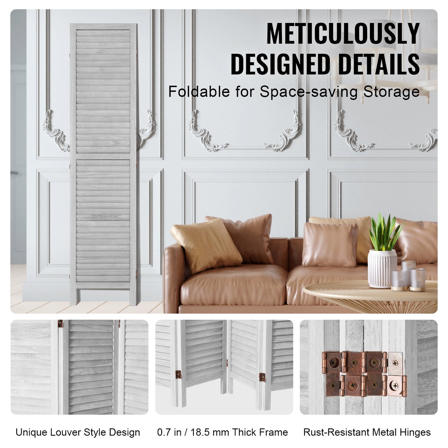 Rumsavdelare i trä, hopfällbar skärm med 4 paneler, 66,9 tum hög inomhuspartition i trä, bärbar dekorationsskärm, för rumsavskiljning, hem, kontor, restaurang och sovrum (ljusgrå)