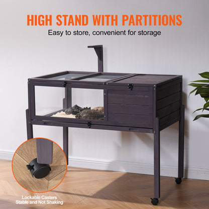 Tortoise Habitat, Wooden Tortoise House Indoor & Outdoor, Rolling Tortoise Enclosure with Light Stand, Reptile Enclosure Small Animal Cage with Stand Legs, Wheels, for Gecko, Lizard, Snake