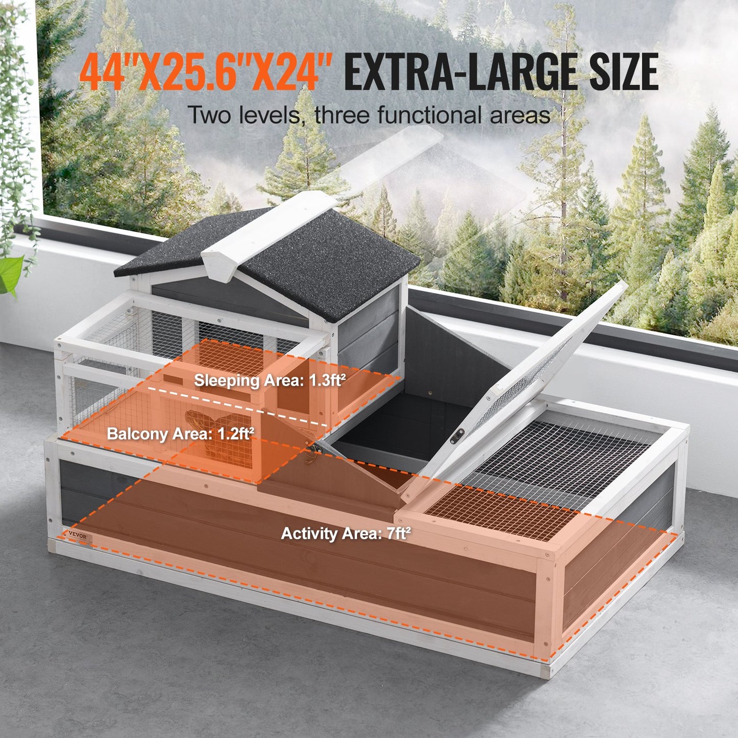 Sköldpaddshus i trä för inomhus/utomhus, 3 rum, 112x65x61 cm