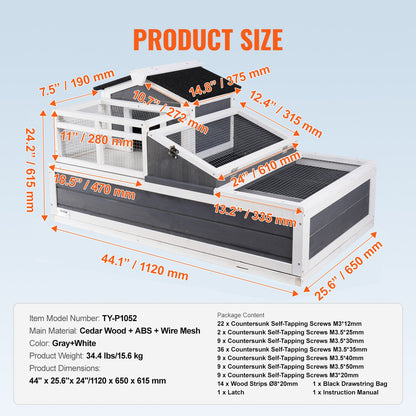 Sköldpaddshus i trä för inomhus/utomhus, 3 rum, 112x65x61 cm