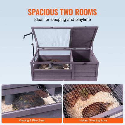 Tortoise Habitat, Wooden Tortoise House Indoor & Outdoor, Tortoise Enclosure with Adjustable Lamp Holder, 2-Room Reptile Enclosure Small Animal Cage for Gecko, Lizard, Snake 38x24x13 inch