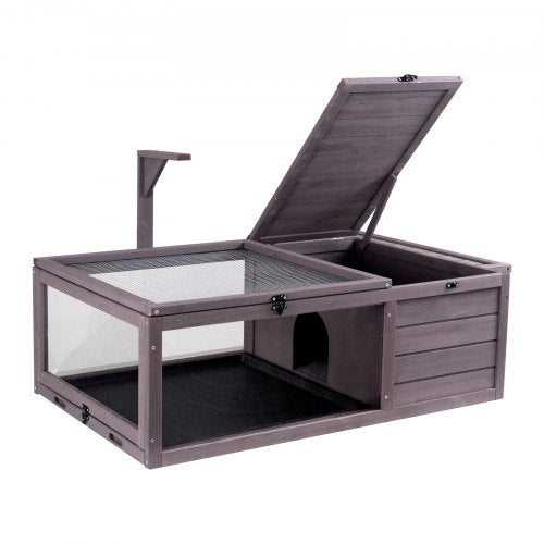 Tortoise Habitat, Wooden Tortoise House Indoor & Outdoor, Tortoise Enclosure with Hanging Light Stand, 2-Room Reptile Enclosure Small Animal Cage for Gecko, Lizard, Snake 38 x24 x13 inch