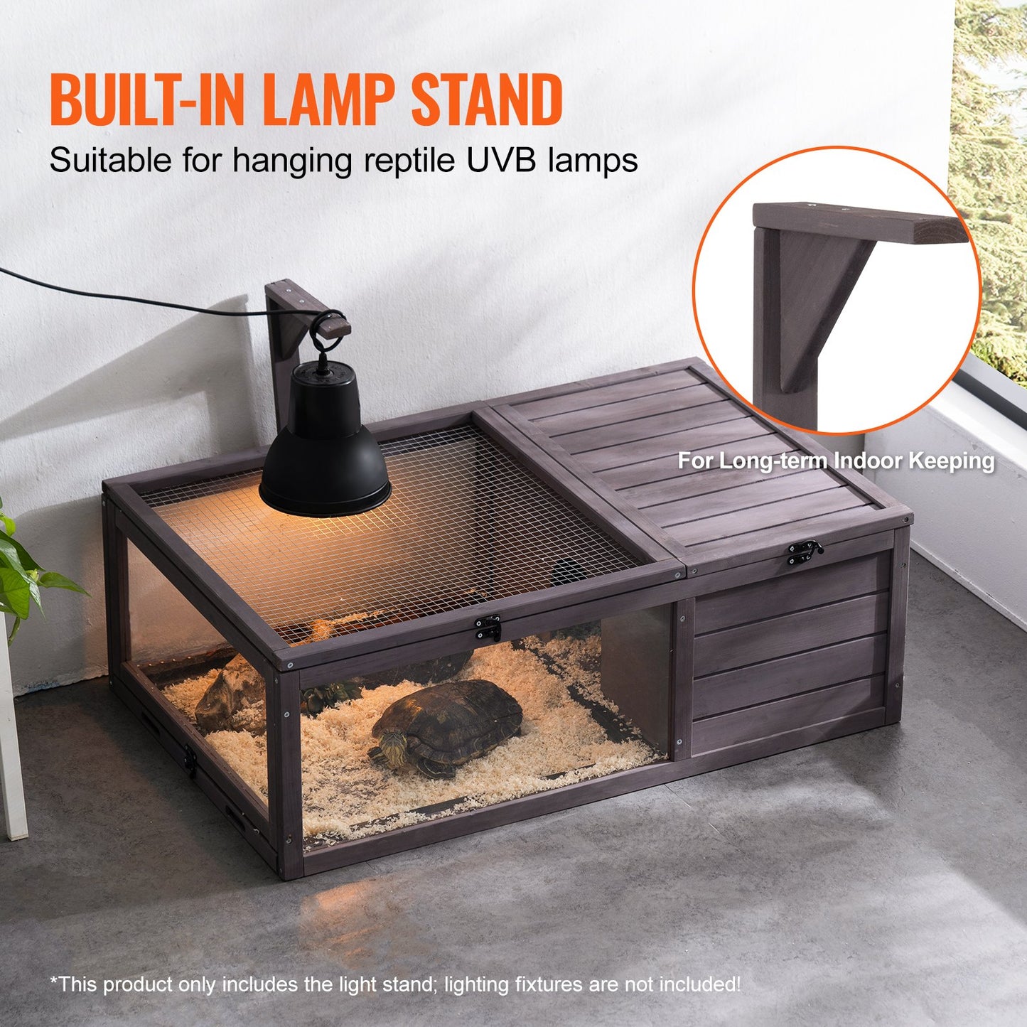 Tortoise Habitat, Wooden Tortoise House Indoor & Outdoor, Tortoise Enclosure with Hanging Light Stand, 2-Room Reptile Enclosure Small Animal Cage for Gecko, Lizard, Snake 38 x24 x13 inch