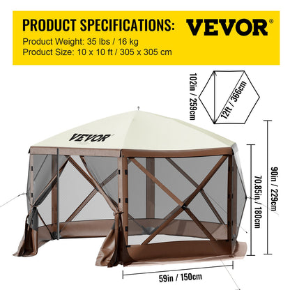 Gazebo Screen Tent, 10 x 10 ft, 6 Sided Pop-up Camping Canopy Shelter Tent with Mesh Windows, Portable Carry Bag, Ground Stakes, Large Shade Tents for Outdoor Camping, Lawn and Backyard