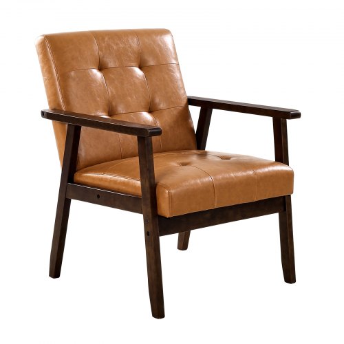 Accentfåtölj, Mid-Century Modern fåtölj med massivt träram och halkfria ben, stoppade fritidsfåtöljer med PU-läder och mjuk kudde, för vardagsrum, sovrum, arbetsrum, kontor och balkong