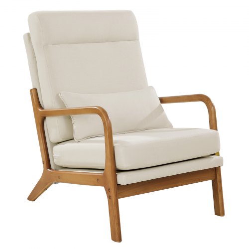 Accent Chair, High Back Mid Century Modern Armchair with Solid Wood Frame and Non-Slip Legs, Upholstered Leisure Chairs with Linen Fabric and 13.5 cm Thickened Cushion, for Living Room, Bedroom