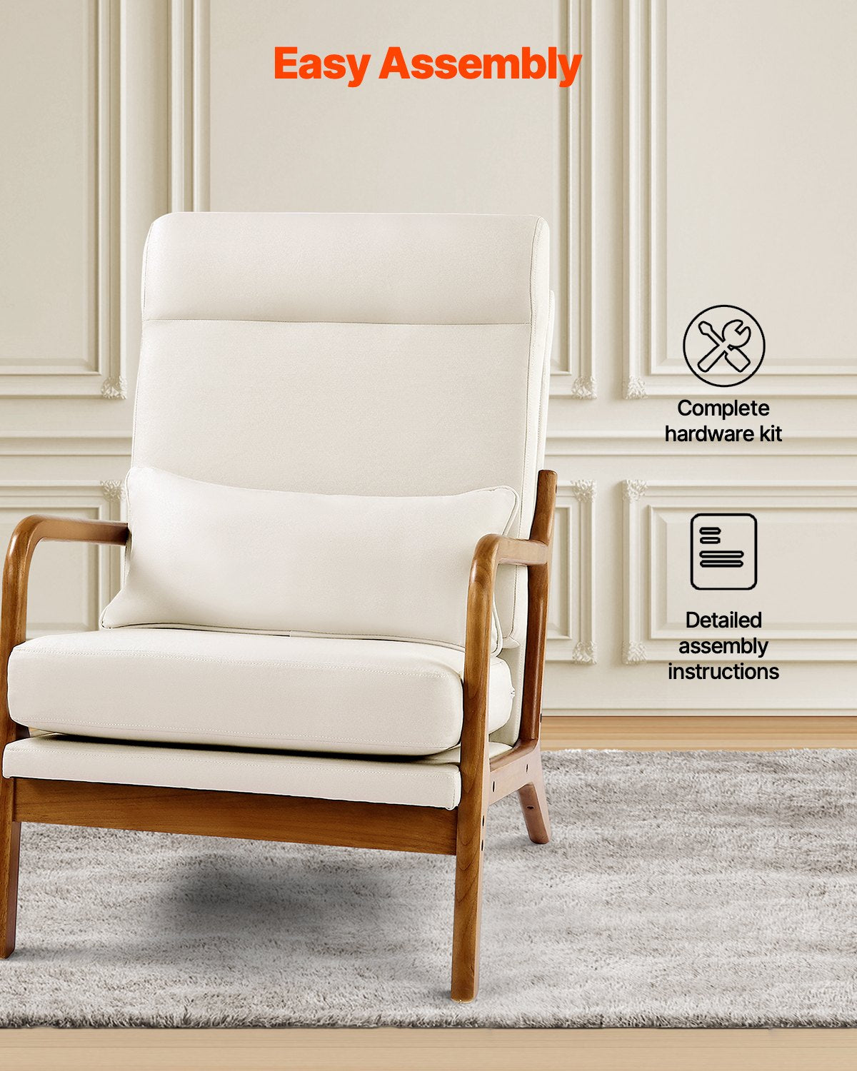 Accent Chair, High Back Mid Century Modern Armchair with Solid Wood Frame and Non-Slip Legs, Upholstered Leisure Chairs with Linen Fabric and 13.5 cm Thickened Cushion, for Living Room, Bedroom
