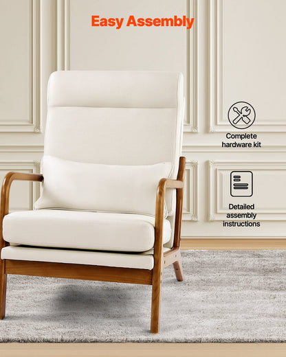 Accent Chair, High Back Mid Century Modern Armchair with Solid Wood Frame and Non-Slip Legs, Upholstered Leisure Chairs with Linen Fabric and 13.5 cm Thickened Cushion, for Living Room, Bedroom
