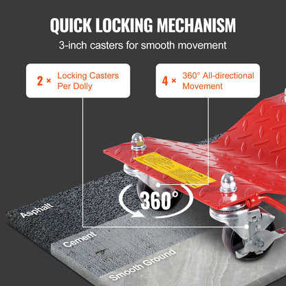 Hjulvagn, 8000 lbs kapacitet kraftig stålbilflyttare, hjulvagn bildäckspåke set med bromsar, fordonsflyttvagn flyttar bilar, lastbilar, släpvagnar, motorcyklar och båtar, set om 4, röd
