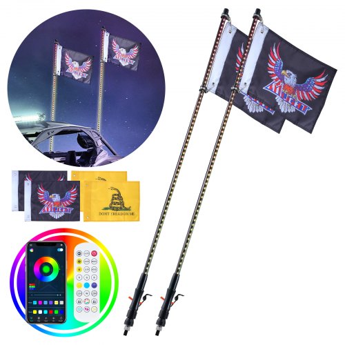 2 PCS 3 FT Whip Light, APP & RF Remote Control Led Whip Light, Waterproof RGB Chasing Lighted Whips with 4 Flags, for UTVs, ATVs, Motorcycles, RZR, Can-am, Trucks, Off-road, Go-karts