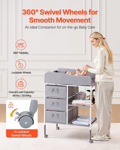 Skötbord, bärbar blöjbytesstation med 3 tyglådor och låsbara hjul, justerbar höjd multifunktionell skötbord med förvaringsorganisatör barnrum, grå