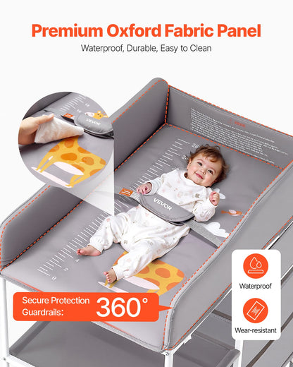 Skötbord, bärbar blöjbytesstation med 3 tyglådor och låsbara hjul, justerbar höjd multifunktionell skötbord med förvaringsorganisatör barnrum, grå