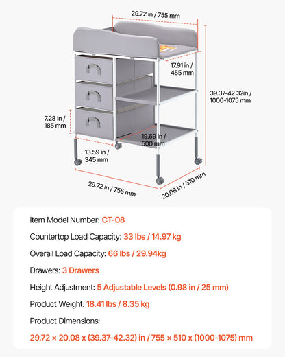 Skötbord, bärbar blöjbytesstation med 3 tyglådor och låsbara hjul, justerbar höjd multifunktionell skötbord med förvaringsorganisatör barnrum, grå