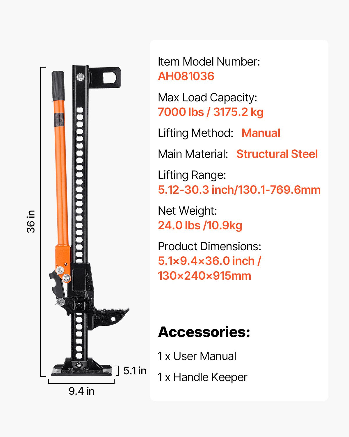 Jordbruksdomkraft, 91,5 cm höglyftande lantbruksdomkraft, 3,18 tons kapacitet, spärrfunktion, terrängdomkrafter, kraftiga domkrafter med 130,1–769,6 mm lyftområde för traktor, lastbil, SUV