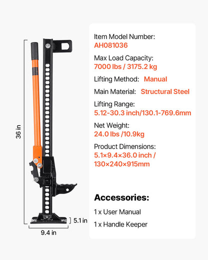 Jordbruksdomkraft, 91,5 cm höglyftande lantbruksdomkraft, 3,18 tons kapacitet, spärrfunktion, terrängdomkrafter, kraftiga domkrafter med 130,1–769,6 mm lyftområde för traktor, lastbil, SUV