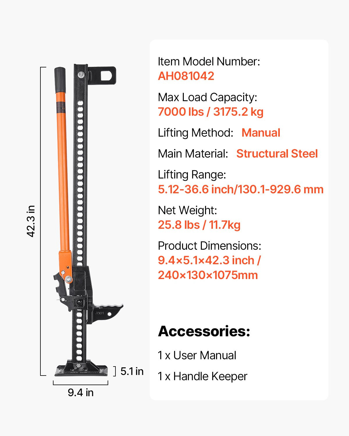 Jordbruksdomkraft, 107,5 cm höglyftande lantbruksdomkraft, 3,18 tons kapacitet, spärrfunktion, terrängdomkrafter, kraftiga domkrafter med 130,1–929,6 mm lyftområde för traktor, lastbil, SUV